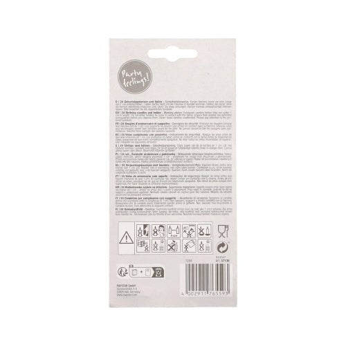 The bright packaging of the PAPSTAR 24 birthday candles with holders (pastel, assorted, 6 cm) by PAPSTAR GmbH is equipped with a small, dense instruction, warning symbols, recycling notes, a barcode, and the lettering "Party feeling!" at the top edge.