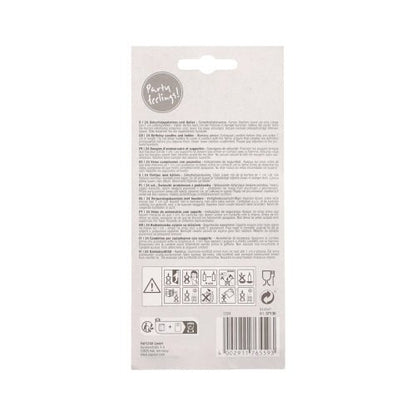 The bright packaging of the PAPSTAR 24 birthday candles with holders (pastel, assorted, 6 cm) by PAPSTAR GmbH is equipped with a small, dense instruction, warning symbols, recycling notes, a barcode, and the lettering "Party feeling!" at the top edge.