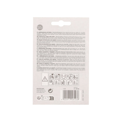 Die Rückseite einer PAPSTAR Jubiläumskerzen mit Halter 7 cm "silber" Verpackung der PAPSTAR GmbH zeigt mehrsprachigen Text, Sicherheits-/Recycling-Symbole, einen Barcode unten rechts und ein Aufhängeloch oben zur einfachen Präsentation.