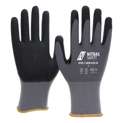 A pair of gray NITRAS SKIN FLEX knit gloves from AS Arbeitsschutz GmbH with special stretch knit and partial black coating, presented flat to show the ergonomic fit and coated fingers.