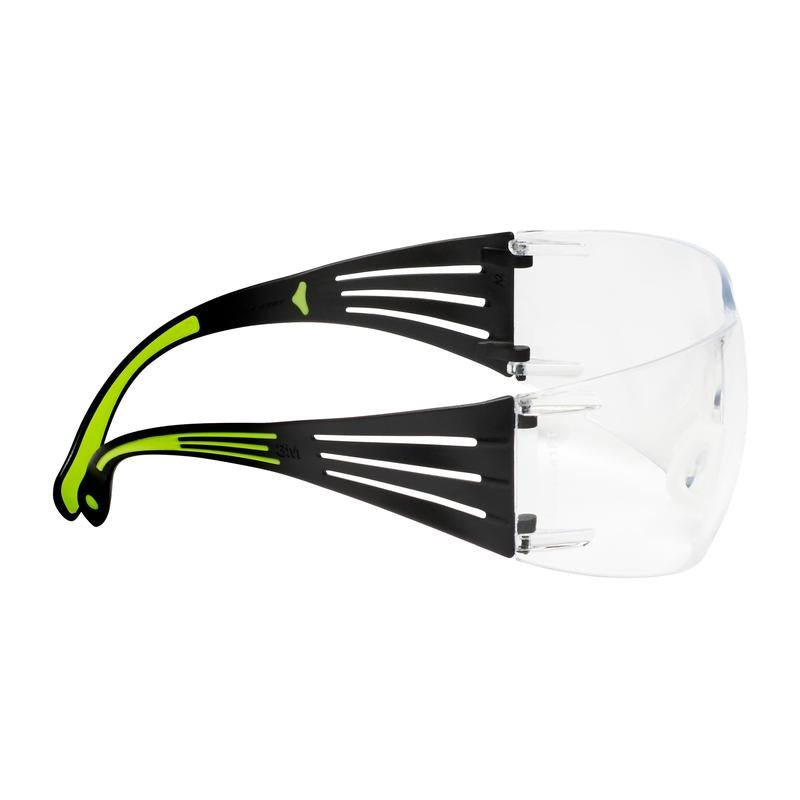 Side view of the 3M™ SecureFit™ Safety Glasses 400 clear from 3M Deutschland GmbH, with black and neon yellow frame, slotted, ventilated temples, and transparent lenses.