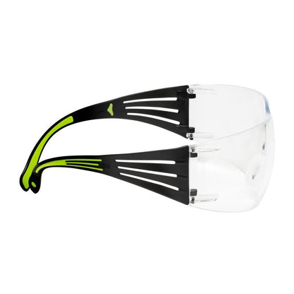 Side view of the 3M™ SecureFit™ Safety Glasses 400 clear from 3M Deutschland GmbH, with black and neon yellow frame, slotted, ventilated temples, and transparent lenses.