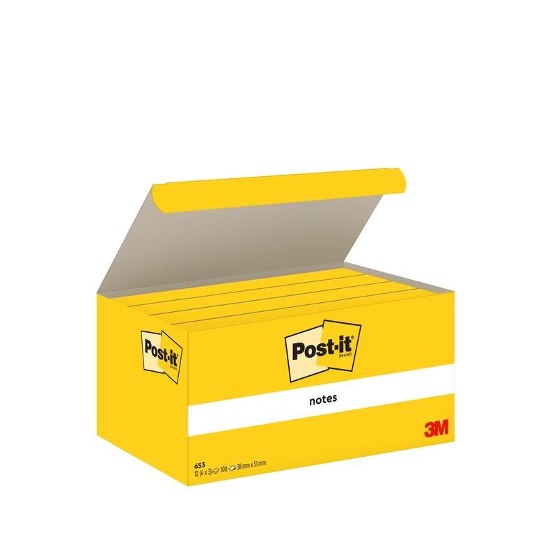 A yellow box with Post-it® Notes, Yellow, 38 mm x 51 mm, 100 sheets/block, 12 blocks/package from 3M Deutschland GmbH. The cardboard packaging is 100% PEFC-certified - perfect for organized workspaces.