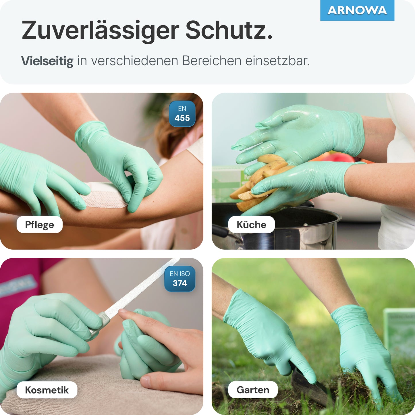 Eine Collage zeigt Menschen, die ARNOMED NITRIL PEPPERMINT GREEN Bunte Einmalhandschuhe von ARNOWA GmbH beim Verbinden, Reinigen, Nägel feilen und bei der Gartenarbeit tragen. Deutsche Etiketten heben die Vielseitigkeit der mintgrünen Nitrilhandschuhe hervor.