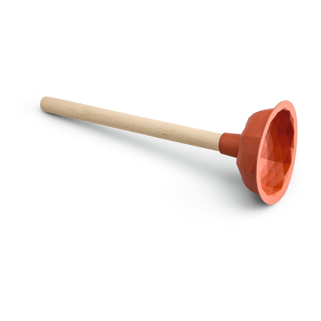 The Nölle Profi Brush Drain Plunger (Ø 110 mm, 35 cm, TPE) from Nölle Profi Brush Bürsten- & Pinseltechnik e.K. with a textured cup and light wooden handle lies on a white surface.