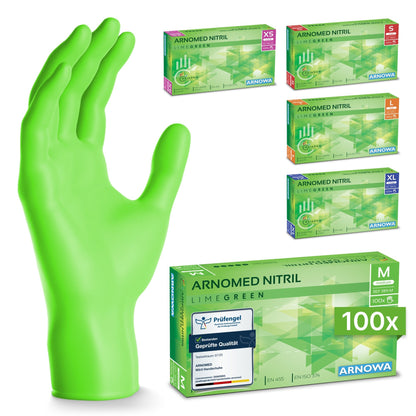 A lime green ARNOMED NITRIL LIME GREEN disposable glove from ARNOWA GmbH stands upright, surrounded by five boxes of 100 latex-free gloves in various sizes.