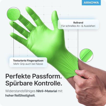 A hand puts on ARNOMED NITRIL LIME GREEN disposable gloves made of lime green nitrile from ARNOWA GmbH. The text highlights the textured fingertips for better grip, the rolled cuff for easy handling, the latex-free material, the perfect fit, and the tear resistance. Branding at the top right.