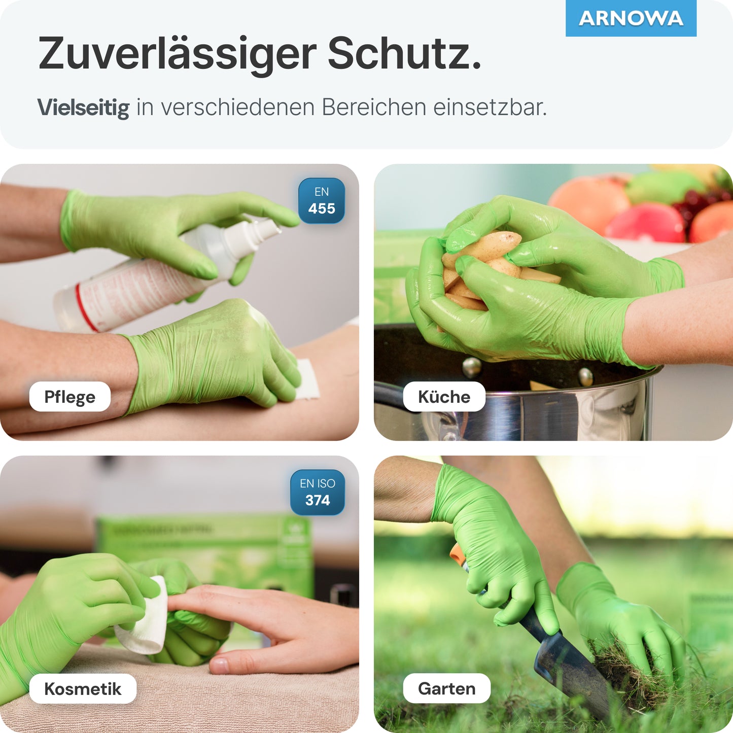 A collage shows hands in ARNOMED NITRIL LIME GREEN disposable gloves made of lime green nitrile from ARNOWA GmbH - spraying a can, washing a potato, holding a cotton pad, and using garden shears. The latex-free gloves offer versatile protection.