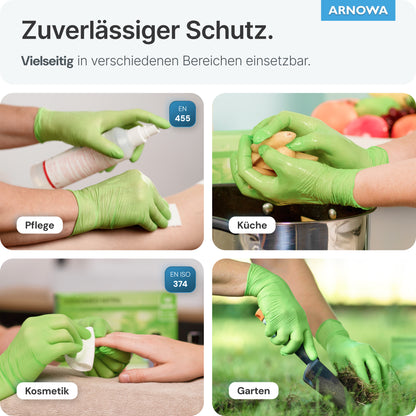 A collage shows hands in ARNOMED NITRIL LIME GREEN disposable gloves made of lime green nitrile from ARNOWA GmbH - spraying a can, washing a potato, holding a cotton pad, and using garden shears. The latex-free gloves offer versatile protection.