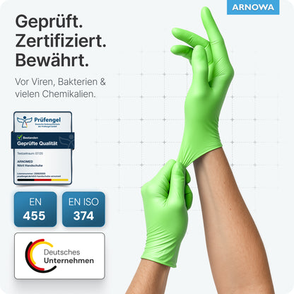 A person wears ARNOMED NITRIL LIME GREEN disposable gloves made of nitrile from ARNOWA GmbH - lime green, latex-free, certified according to EN 455 and EN ISO 374, protecting against viruses, bacteria, and chemicals.