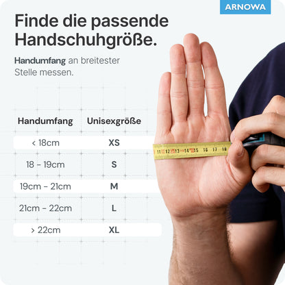 The hand is measured at the widest point with a lime green measuring tape. On the left, a table shows the sizes of ARNOMED NITRIL LIME GREEN disposable gloves from ARNOWA GmbH (XS-XL) based on hand circumference in centimeters.