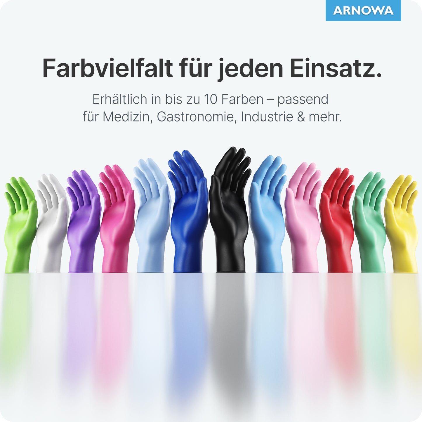 Fourteen ARNOMED NITRIL LIME GREEN disposable gloves made of lime green nitrile from ARNOWA GmbH stand upright on a reflective surface in various colors; above the gloves, there is a German text and the blue ARNOWA logo.