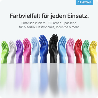 Fourteen ARNOMED NITRIL LIME GREEN disposable gloves made of lime green nitrile from ARNOWA GmbH stand upright on a reflective surface in various colors; above the gloves, there is a German text and the blue ARNOWA logo.