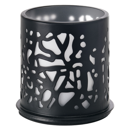 The Duni GmbH candle holder Twine 75 x Ø 75 mm Black features a modern abstract cut-out pattern made of cylindrical black metal with a silver interior, creating a stunning light effect. Its irregular, leaf-like design enhances any sophisticated table decoration.