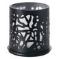 The Duni GmbH candle holder Twine 75 x Ø 75 mm Black features a modern abstract cut-out pattern made of cylindrical black metal with a silver interior, creating a stunning light effect. Its irregular, leaf-like design enhances any sophisticated table decoration.