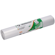 Abgebildet ist eine Packung mit 50 transparenten DEISS 39001 Müllbeuteln (320+320x740 mm) der EMIL DEISS KG. Die Verpackung zeigt grüne und orangefarbene Etiketten mit deutschem Text und einer Handgrafik zur einfachen Beutelentnahme.