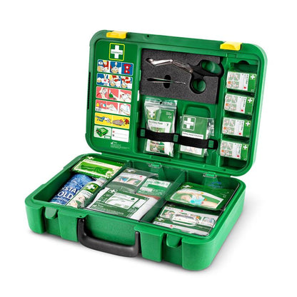 The Orkla Wound Care AB First Aid Kit X-LARGE | Package (1 piece) features clear compartments with bandages, scissors, gloves, plasters, a cooling pack, and a pictorial guide - perfect for emergencies.