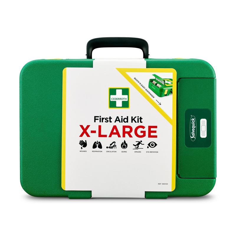 A green hard-shell First Aid Kit X-LARGE from Orkla Wound Care AB, with symbols for wounds, breathing, circulation, burns, sprains, and eye protection - ideal for various emergencies. Package (1 piece).