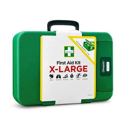 The green First Aid Kit X-LARGE from Orkla Wound Care AB has a white front label with symbols for wounds, breathing, circulation, burns, and eye care - ideal for emergencies. Package (1 piece).