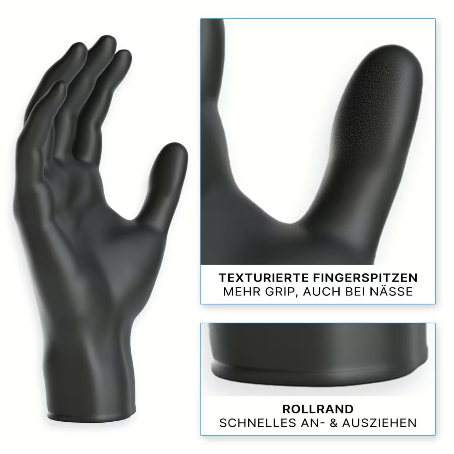 The ARNOMED NITRIL XTRA PURE BLACK disposable glove from ARNOWA GmbH is accelerator-free, skin-friendly, and features textured fingertips for better grip as well as a rolled cuff for easy donning and removal.