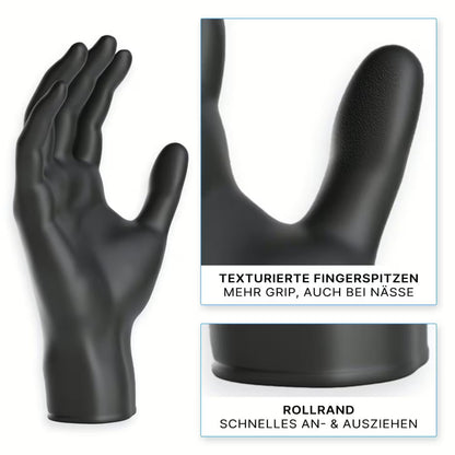 The ARNOMED NITRIL XTRA PURE BLACK disposable glove from ARNOWA GmbH is accelerator-free, skin-friendly, and features textured fingertips for better grip as well as a rolled cuff for easy donning and removal.