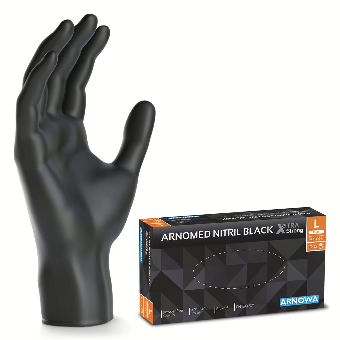A black ARNOMED NITRIL XTRA PURE BLACK glove from ARNOWA GmbH stands upright next to its box, which states that it is accelerator-free, powder-free, non-sterile, and large, containing 100 skin-friendly black nitrile disposable gloves.