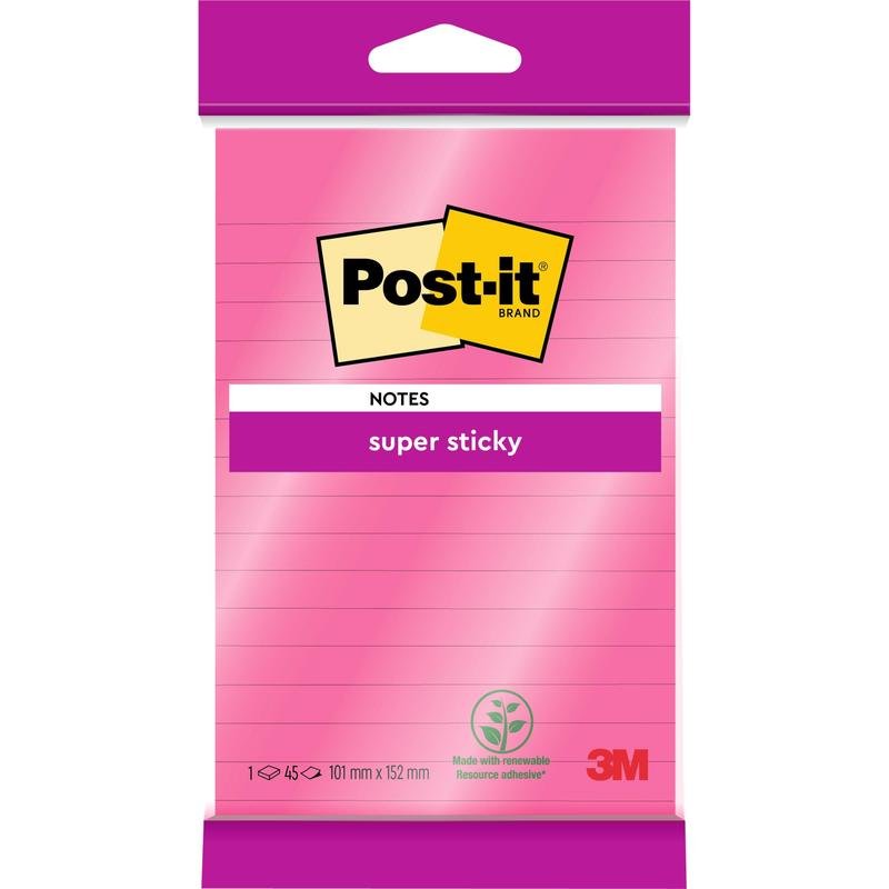 A single pack of Post-it® Super Sticky Notes in large format, pink, lined (101 mm x 152 mm, 45 sheets), by 3M Deutschland GmbH. Contains Post-it logo, "super sticky" label, and 3M logo at the bottom right. PEFC certified.