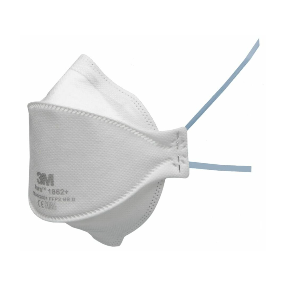 The white 3M Aura respirator mask 1862+ from Servoprax GmbH has blue bands and is marked as an FFP2 particle mask. It is designed for a comfortable fit with a curved shape and also features a Cool Flow valve for added comfort.