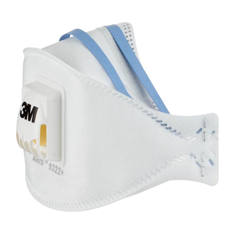 The 3M™ Aura™ Comfort Cool Flow™ Particulate Respirator 9322+ (FFP2) from 3M Deutschland GmbH features a white design, valve, blue elastic headbands, and visible seams, depicted against a solid color background.
