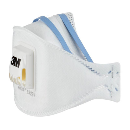 The 3M™ Aura™ Comfort Cool Flow™ Particulate Respirator 9322+ (FFP2) from 3M Deutschland GmbH features a white design, valve, blue elastic headbands, and visible seams, depicted against a solid color background.