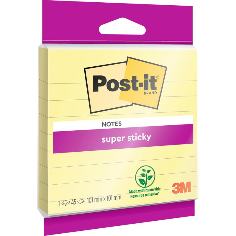 A pack of Post-it® Super Sticky Notes in large format, lined (101 mm x 101 mm, 45 sheets), from 3M Deutschland GmbH, with "super sticky" note and PEFC certification.