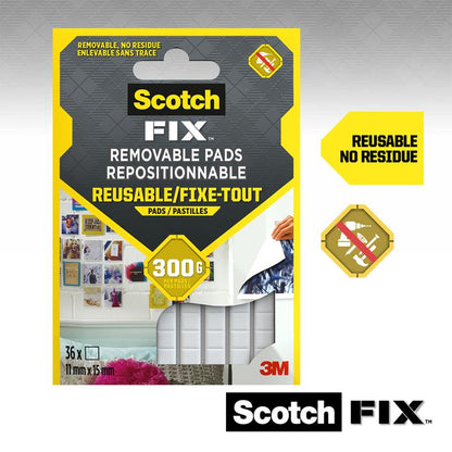 Pictured is a pack of Scotch-FIX™ Removable Adhesive Pads 301008C36-P from 3M Deutschland GmbH (11 mm x 15 mm, 36 pieces). The packaging includes the note "Reusable, residue-free" and shows white adhesive pads, ideal for attaching items without damaging the wall.