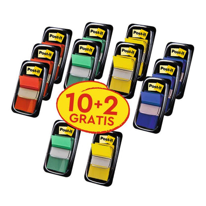Twelve packs of Post-it® Index Tabs from 3M Germany in various colors (25.4 x 43.2 mm), each with 10 dispensers + 2 free (50 tabs/dispenser). Perfect for document organization - "10+2 FREE" on the label.