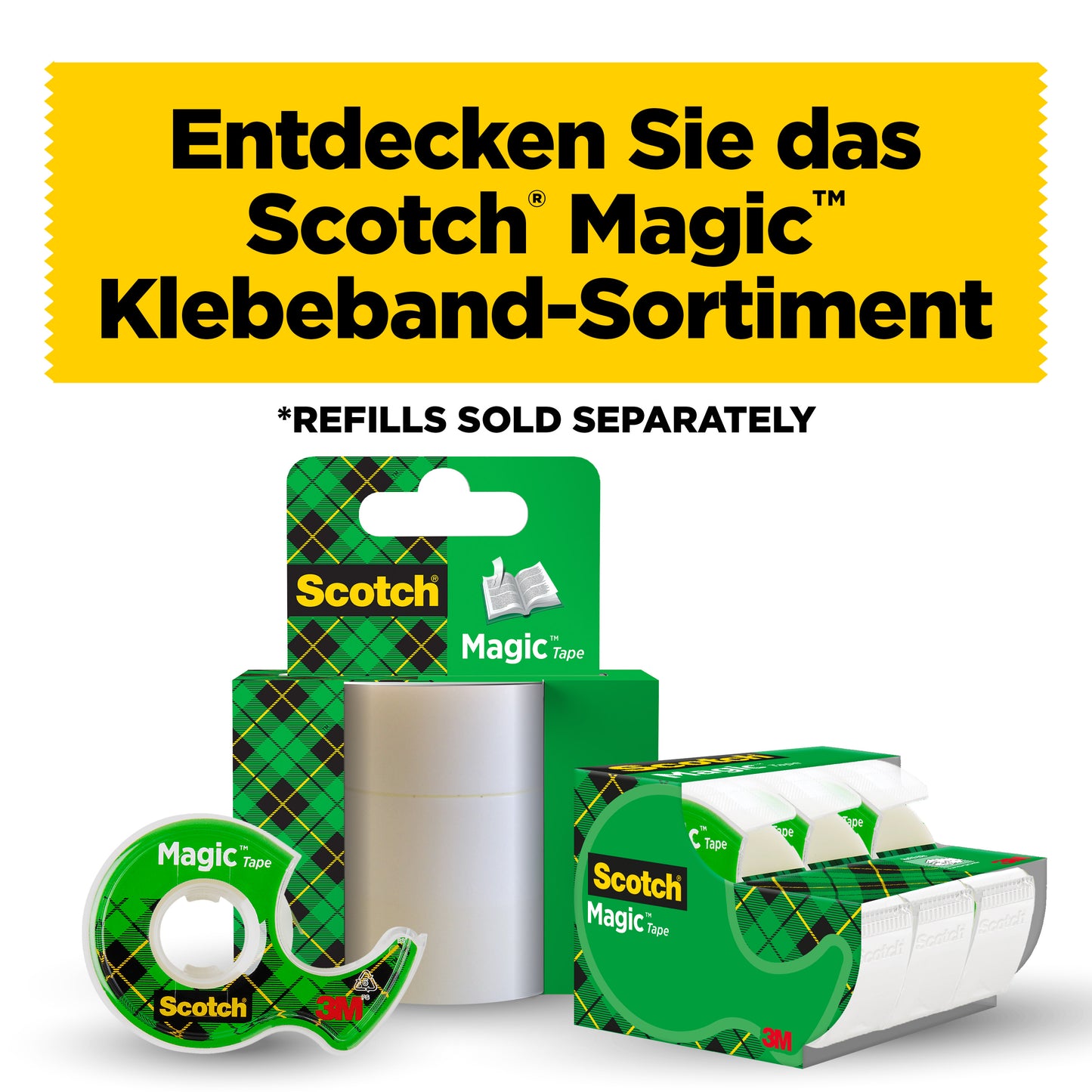 Discover the Scotch® Magic™ Invisible Tape 8-1915R3/2 from 3M Deutschland GmbH: promotional pack with 2 rolls + 1 FREE roll (19 mm x 15 m) - ideal for office and craft projects. *Refills available separately.