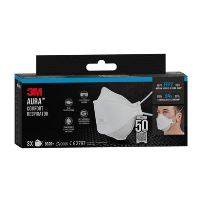 A black-blue 3M™ Aura™ Comfort Particulate Respirator 9320+ FFP2 box displays a white, foldable respirator mask and a user. The box highlights the FFP2 filtration and contains three masks. Brand: 3M Deutschland GmbH.