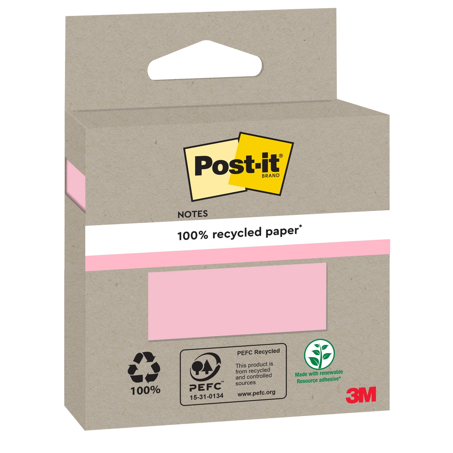 Eine Kartonpackung Post-it® Recycling Notes (76x76mm, 100 Blatt, 100% PEFC) der 3M Deutschland GmbH zeichnet sich durch umweltfreundliche Etiketten und eine sichtbare rosa Notizfarbe aus; das 3M-Logo befindet sich unten rechts.
