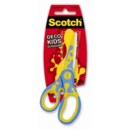 The Scotch™ DECO children's scissors from 3M Deutschland GmbH (green, blue, or pink), 13 cm, rounded tips, for children from 6 years old - ideal for craft projects - is offered individually in a blister on colored cardboard.