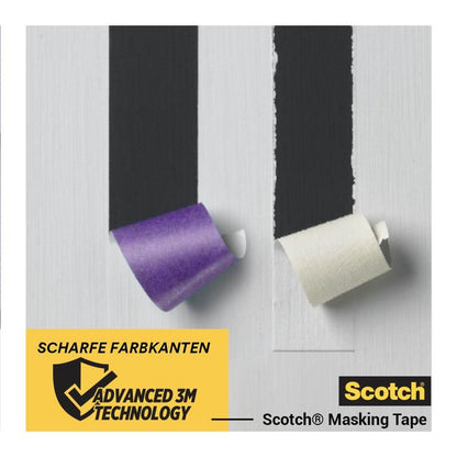 Two strips of purple-white Scotch® painter's masking tape for delicate surfaces (24 mm x 41 m) from 3M Deutschland GmbH are being peeled off a black-and-white painted surface, revealing sharp paint lines. A yellow label reads "Sharp paint edges Advanced 3M Technology."