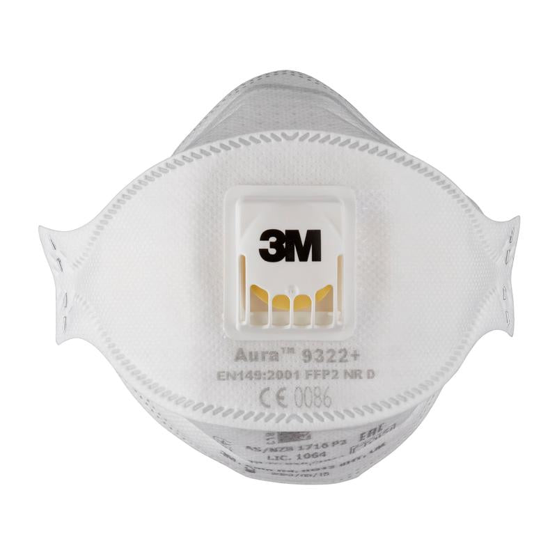 A 3M™ Aura™ Comfort Cool Flow™ Particulate Respirator 9322+, FFP2, with valve from 3M Deutschland GmbH is shown frontally on a white background and features a central exhalation valve and printed product information.