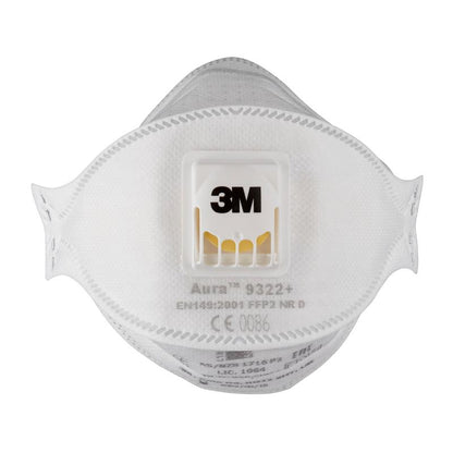 A 3M™ Aura™ Comfort Cool Flow™ Particulate Respirator 9322+, FFP2, with valve from 3M Deutschland GmbH is shown frontally on a white background and features a central exhalation valve and printed product information.
