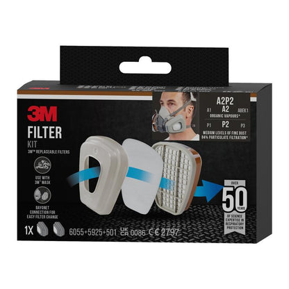 The 3M™ Filter Set 6002-1 box from 3M Deutschland GmbH shows filter images and a masked user, highlighting over 50 years of respiratory protection expertise and offering A2P2 protection against organic vapors. Contains 2x6055, 2x5925, and 2x501.