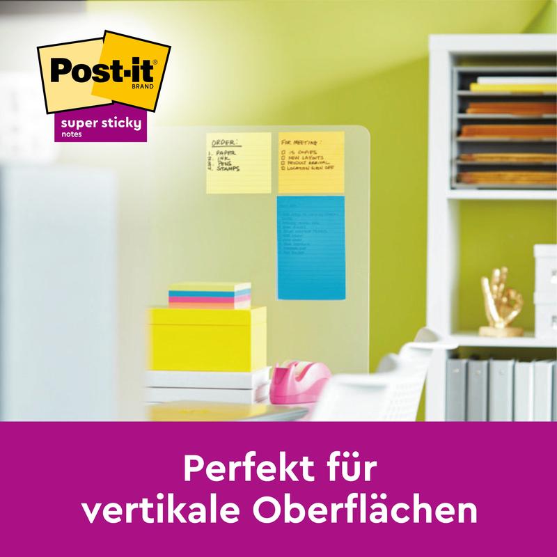 A glass divider with yellow, orange, and blue Post-it® Notes in large format (101 mm x 152 mm) from 3M Deutschland GmbH is depicted in an office. The German text reads: "Perfect for vertical surfaces." The brand logo appears.