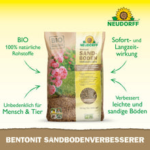 Ein 10-kg-Sack Neudorff Shop Bentonit SandbodenVerbesserer steht aufrecht auf einer hellen Fläche. Die Verpackung ist mit rosa Rosen und Produktangaben versehen, die die Tonmineralien für die Nährstoffspeicherung und Sandbodenverbesserung hervorheben.