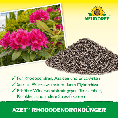 A stack of Azet Rhododendron Fertilizer from Neudorff Shop lies next to a blooming pink rhododendron. The text below describes the benefits for rhododendrons, azaleas, and heathers. Above is the Neudorff logo.