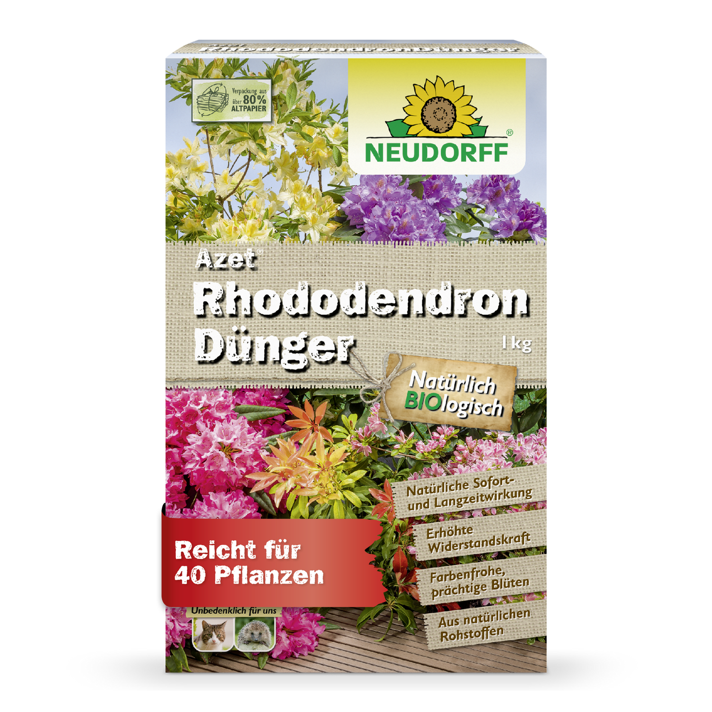A 1 kg rectangular box of Azet Rhododendron Fertilizer from Neudorff Shop is adorned with blooming flowers, German product information, and a green-yellow Neudorff logo, making it ideal for rhododendrons and azaleas.