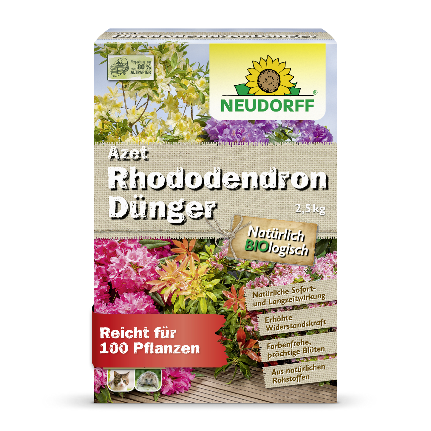 A 2.5 kg package of Neudorff Shop Azet Rhododendron Fertilizer, an organic fertilizer for rhododendrons and azaleas, with pictures of blooming flowers and German product details on the front of the packaging.