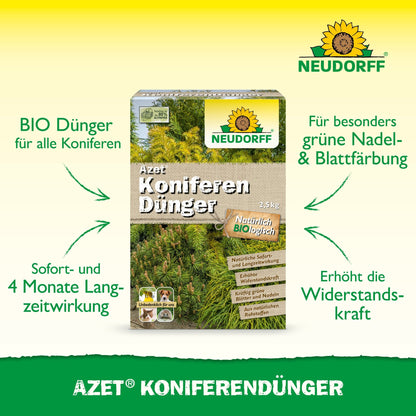 A box of Azet Conifer Fertilizer from the Neudorff Shop is depicted with images of evergreen conifers. The text refers to the organic complete fertilizer properties, long-lasting effect, improved foliage color, and better plant resistance.