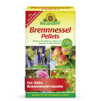 Neudorff Shop Brennnessel Pellets sind ein wirksames Pflanzenstärkungsmittel, das 330 L Brennnessel-Jauche zur Unterstützung des Wachstums von Zierpflanzen, Obst und Gemüse liefert. Die Verpackung zeigt Bilder von Blumen, Obst und Gemüse.