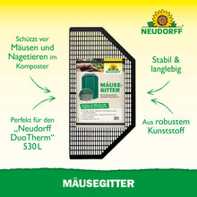 Abgebildet ist ein rechteckiges, schwarzes Kunststoffgitter, "Mäusegitter" von Neudorff Shop. Es schützt vor Nagetieren, passt zum Neudorff DuoTherm Thermokomposter und verfügt über ein langlebiges Bodengitter aus stabilem Kunststoff.