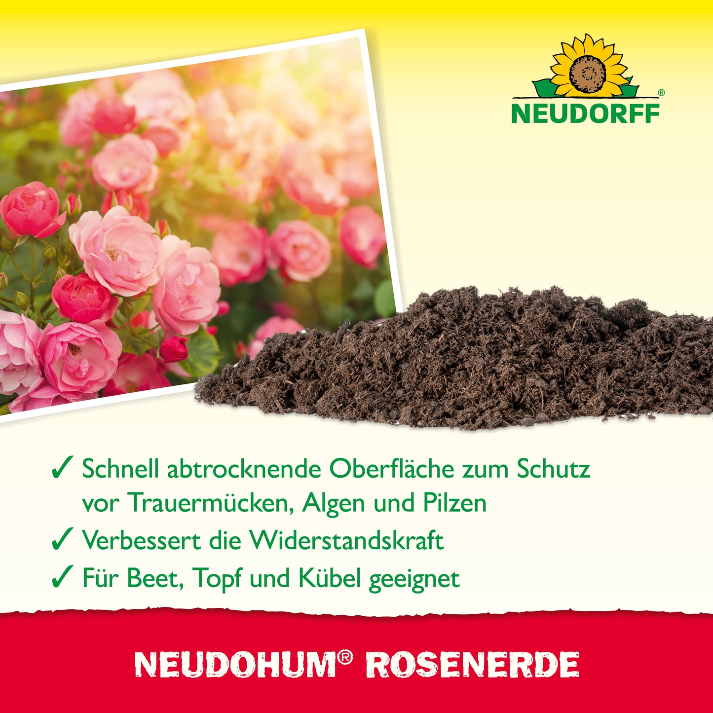 Ein Haufen NeudoHum RosenErde liegt neben blühenden rosa Rosen. Der Text hebt die optimalen Anbaubedingungen und Eigenschaften hervor, während das Logo des Neudorff Shops in der oberen rechten Ecke zu sehen ist.